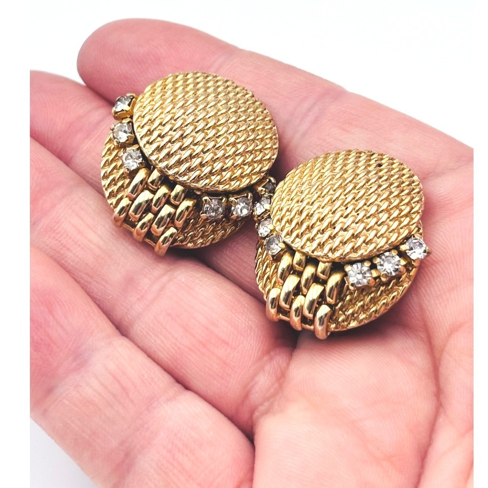 Jewels by Julio Vintage Gold Tone Textured Mesh Rhinestone Clip On Earrings